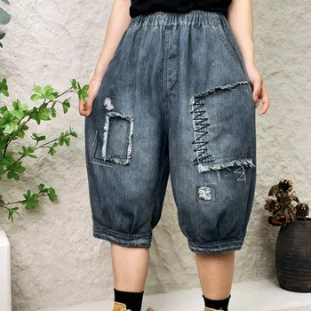 Женские весенне-летние повседневные шорты с эластичной резинкой на талии, укороченные джинсы