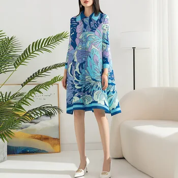 Новое платье Miyake плиссированное 2023, Свободное платье с лацканами большого размера, однобортный плиссированный кардиган, топы средней длины, Элегантная одежда