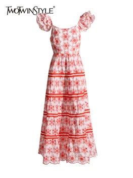 TWOTWINSTYLE Платья в стиле пэчворк с принтом в складки, квадратный воротник, летящий рукав, высокая талия, облегающее платье трапециевидной формы, женское платье 2023 г.