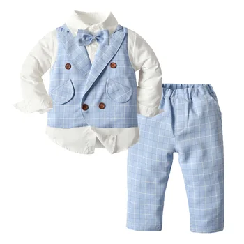 Одежда для малышей для маленьких мальчиков, модные наряды, небесно-голубой жилет, брюки с рубашкой, 4 шт./компл., осенний комплект верхней одежды для младенцев 1-7 лет