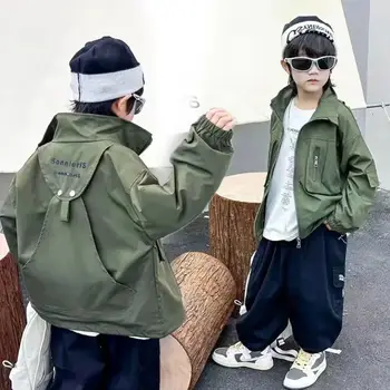 Пальто-карго для мальчиков 2023 Весна-осень, тонкая молния, повседневная Детская одежда с корейским буквенным принтом, модная одежда для детей 5-12 лет