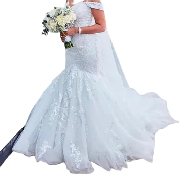 Милая Кружевная аппликация с открытыми плечами, свадебные платья со стреловидным шлейфом, скромное свадебное платье большого размера