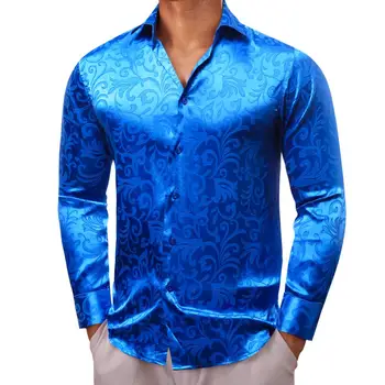 Роскошные рубашки для мужчин, шелковый атлас, Синий цветок, Приталенные мужские блузки с длинным рукавом, топы с отложным воротником, Дышащая одежда