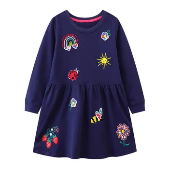 Осеннее темно-синее платье JICUSYAN, новое модное детское винтажное повседневное платье с длинными рукавами и вышивкой из мультфильмов
