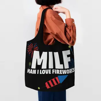 Milf Man I Love Fireworks Сумки для покупок из бакалейных товаров, напечатанные на заказ, холщовые сумки для покупок через плечо, портативная сумка большой емкости