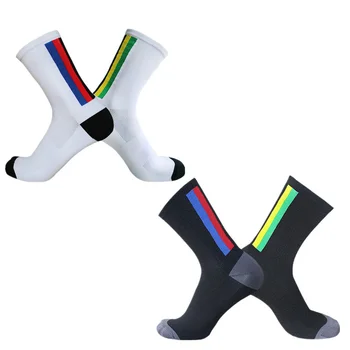 Новые велосипедные носки в полоску с буквами, Мужские Женские велосипедные носки, Компрессионные спортивные носки для улицы, Дышащие дорожные носки Calcetines Ciclismo
