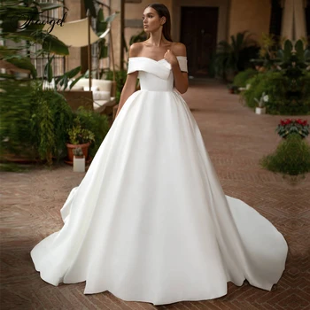 Атласные свадебные платья трапециевидной формы с V-образным вырезом Traugel, Аппликация с открытыми плечами, платье невесты без спинки, свадебное платье со шлейфом в часовне