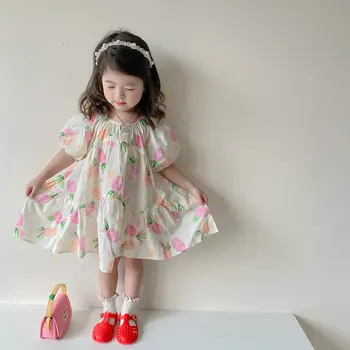 Летнее платье для девочек с короткими рукавами, Фруктовое платье с ананасовым пузырем, платья принцесс