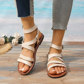 Модные римские сандалии с пряжкой на щиколотке, Летние женские сандалии с открытым носком, повседневные однотонные туфли без застежки на плоской подошве, женская обувь в британском стиле на низком каблуке