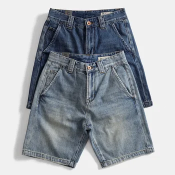 Мужские джинсовые шорты с песочной стиркой для тяжеловесов: свободный крой, чистый хлопок, винтажный стиль