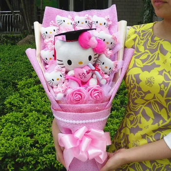Sanrio Hello Kitty Выпускной Шляпный букет Плюшевая мягкая игрушка Выпускные Шляпки Кукла Милый букет из пенопластовых роз Подарок на выпускной