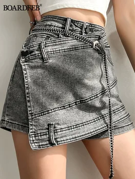 Женская джинсовая юбка 2023, Летняя женская мини-шорты с высокой талией и нерегулярной цепочкой, Женская повседневная Винтажная короткая юбка трапециевидной формы Y2K