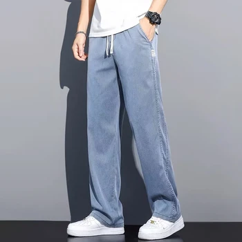 Мужские джинсы, Тонкие Свободные прямые брюки, брюки Y2K, мужская уличная одежда из ткани Лиоцелл, большие размеры M-5XL, Летние Мягкие брюки.