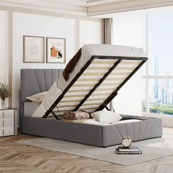 Полноразмерная кровать, Элегантная кровать-платформа с мягкой обивкой и гидравлической системой хранения, молодежная кровать, кровать для взрослых, удобная для спальни