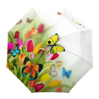 Автоматический зонт с цветами тюльпана и бабочками, портативный Складной Зонт от солнца и дождя, женский Зонт-зонт