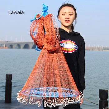 Литая сеть Lawaia со стальной подвесной плетеной леской, рыболовная сеть для ручного заброса с большим пластиковым синим кольцом на открытом воздухе