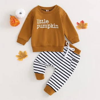 Комплект одежды для маленьких мальчиков с буквенным принтом, осенне-зимний пуловер с длинными рукавами, топы, Длинные брюки в полоску, 2 предмета одежды для Хэллоуина, 2 предмета одежды для Хэллоуина